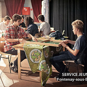 Deux jeunes hommes assis à une table jouant à un jeu de palet - Agrandir l'image, .JPG 230,8 KB (fenêtre modale)